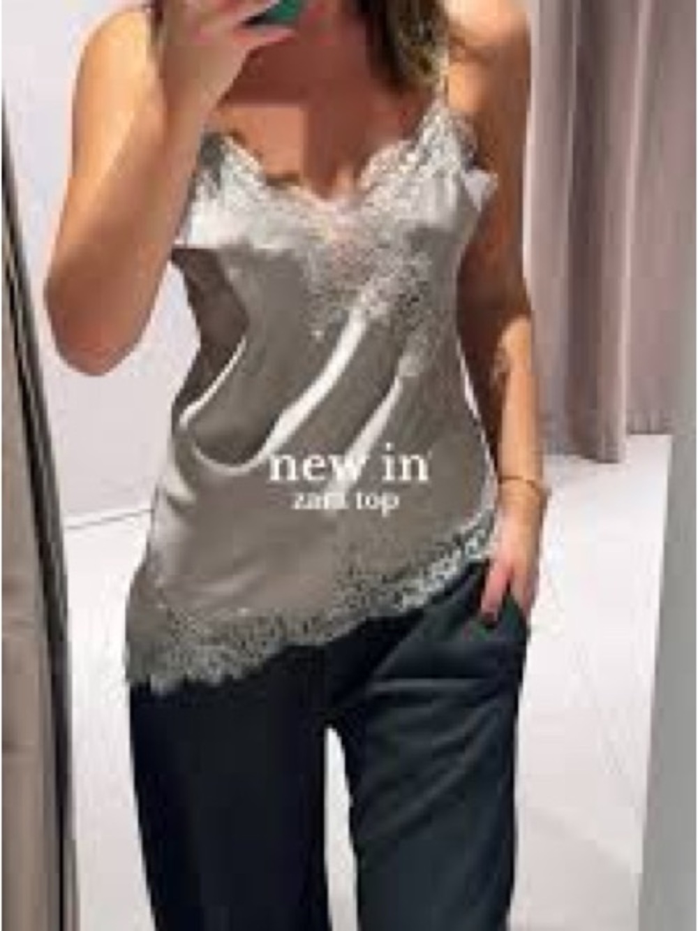 Zara Satin Lace-Trim Cami in Taupe - Picture 3 of 9